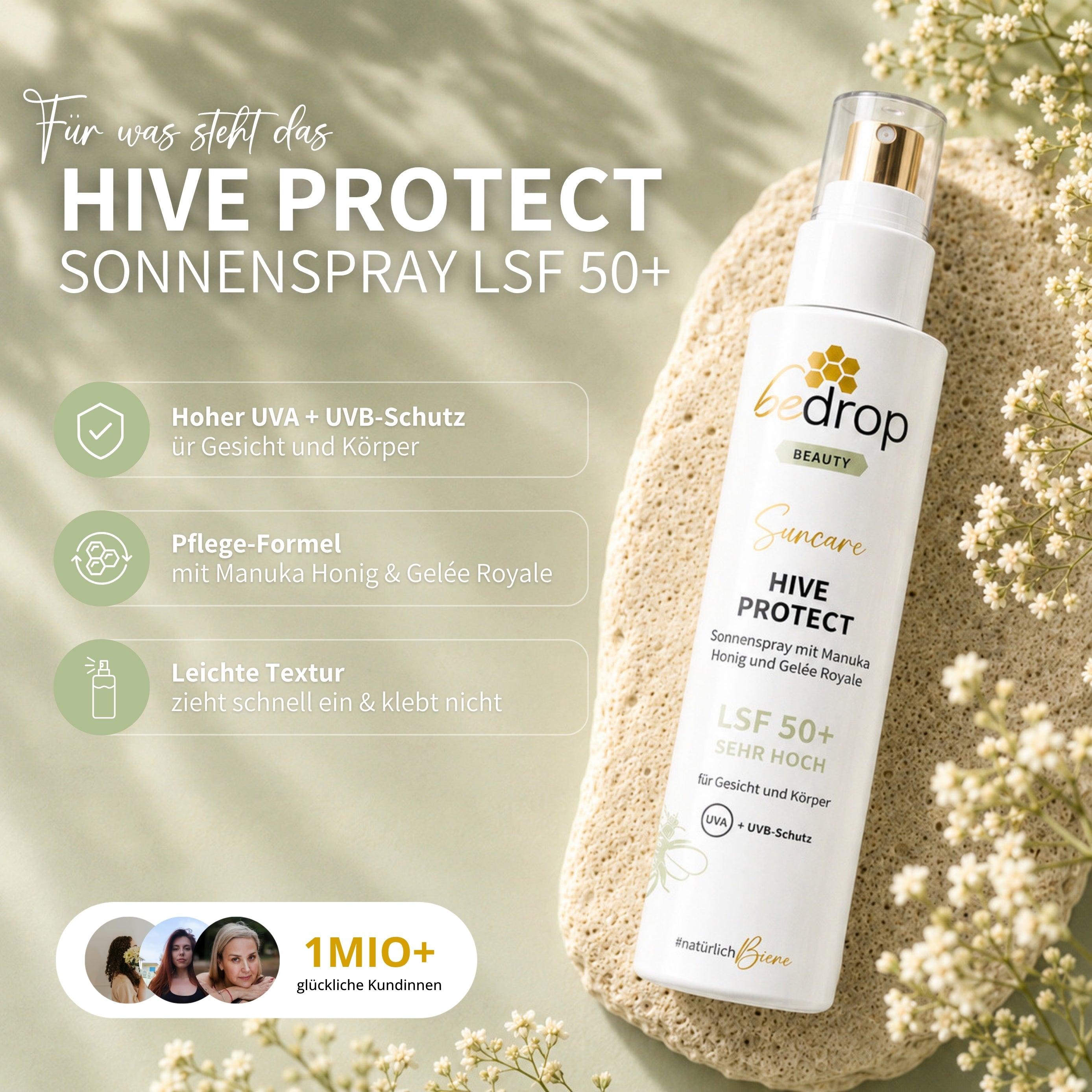 HIVE PROTECT SPF 50+ spray solare con miele di manuka e pappa reale, protezione solare per viso e corpo - 200 ml