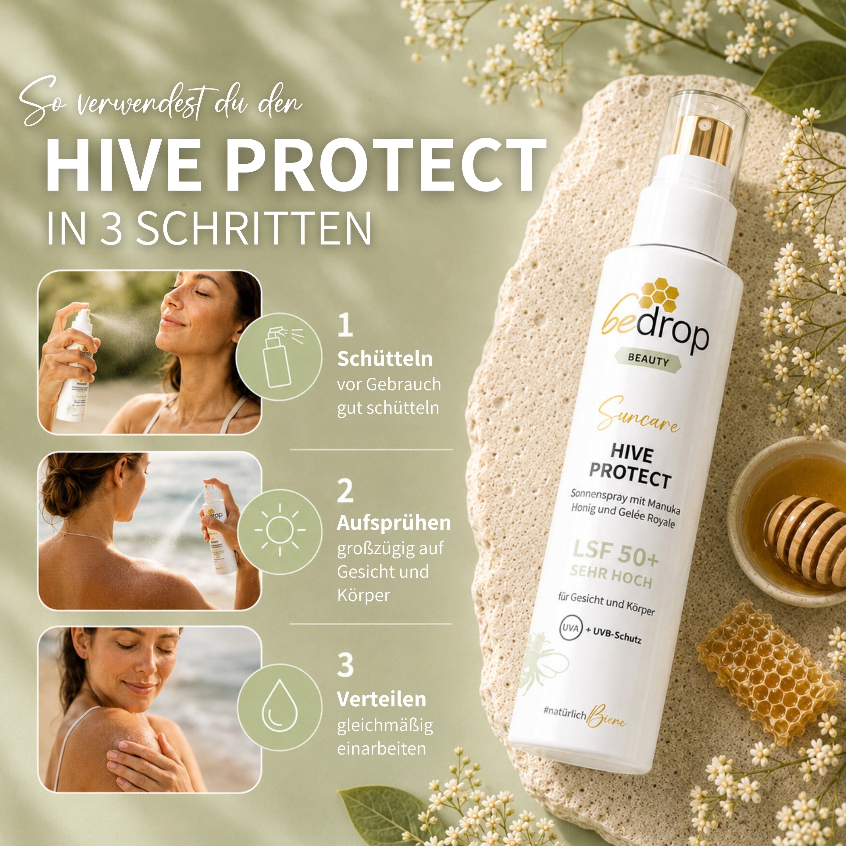 HIVE PROTECT SPF 50+ spray solare con miele di manuka e pappa reale, protezione solare per viso e corpo - 200 ml