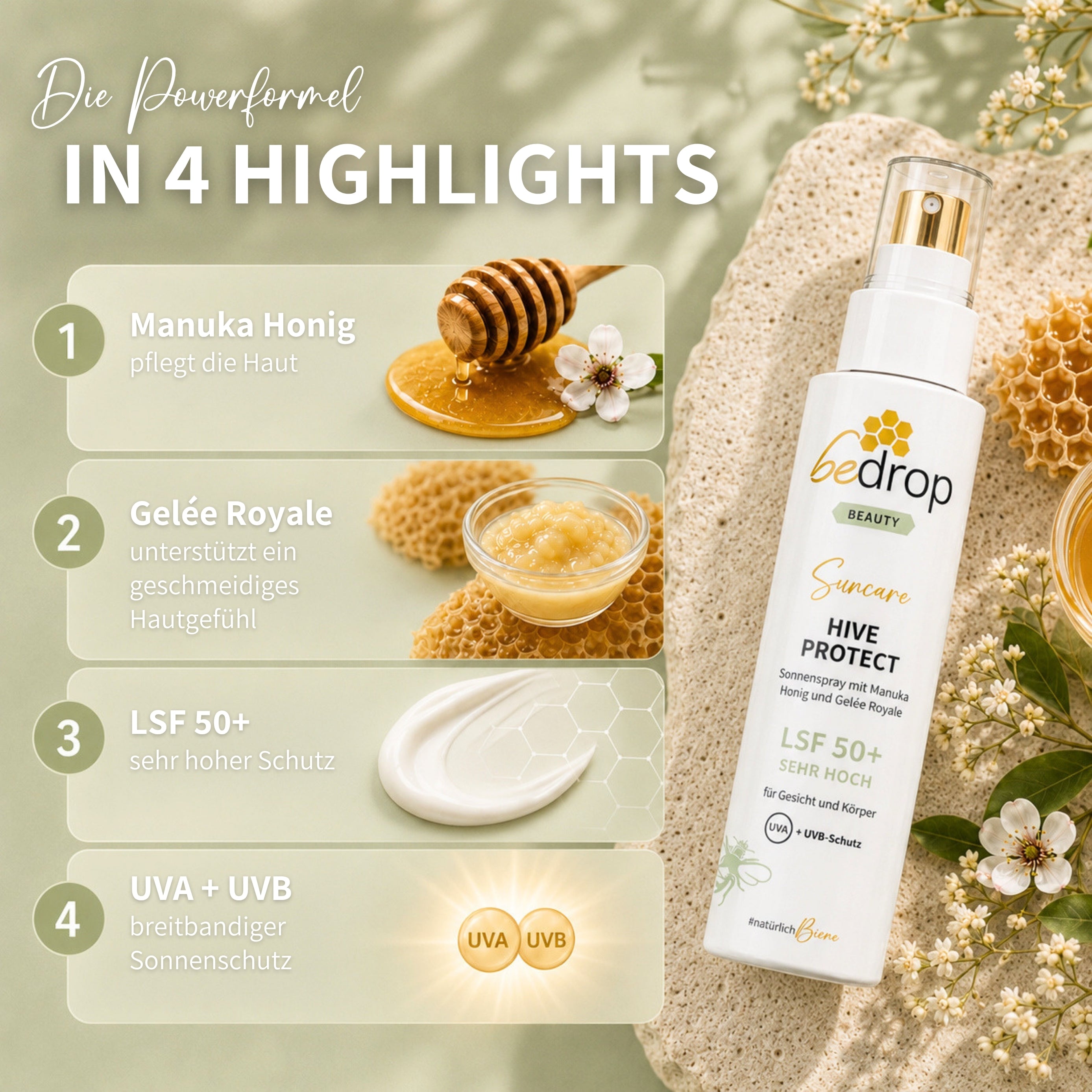 HIVE PROTECT SPF 50+ spray solare con miele di manuka e pappa reale, protezione solare per viso e corpo - 200 ml