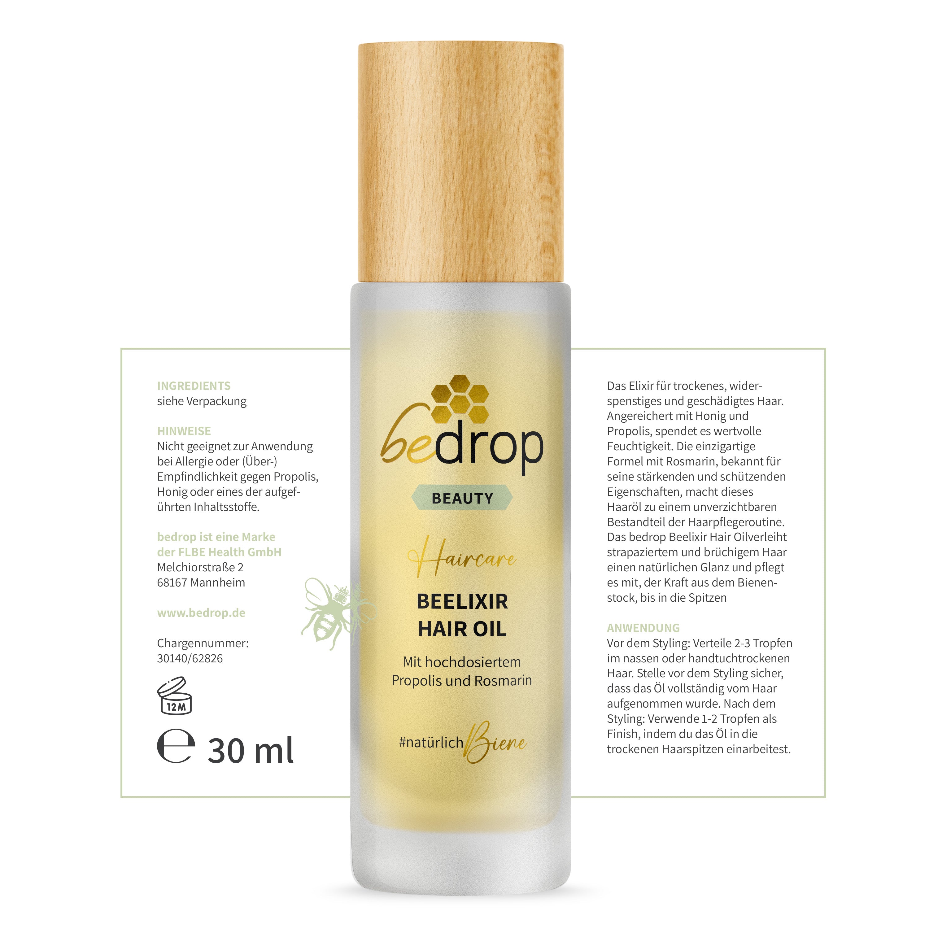 BEELIXIR HAIR OIL / Olio per capelli con miele di manuka, propoli ed estratto di rosmarino - 30ml