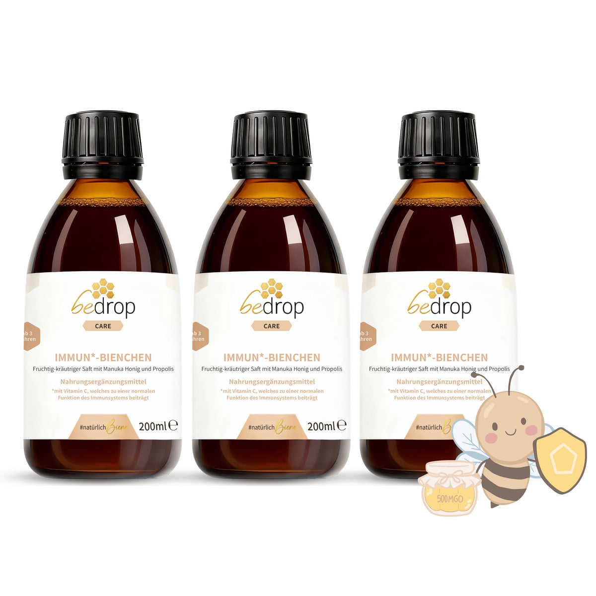 Confezione vantaggiosa: 3x IMMUN*-BIENCHEN - Succo dal gusto fruttato ed erbaceo con miele di Manuka e vitamina C da acerola / 200 ml
