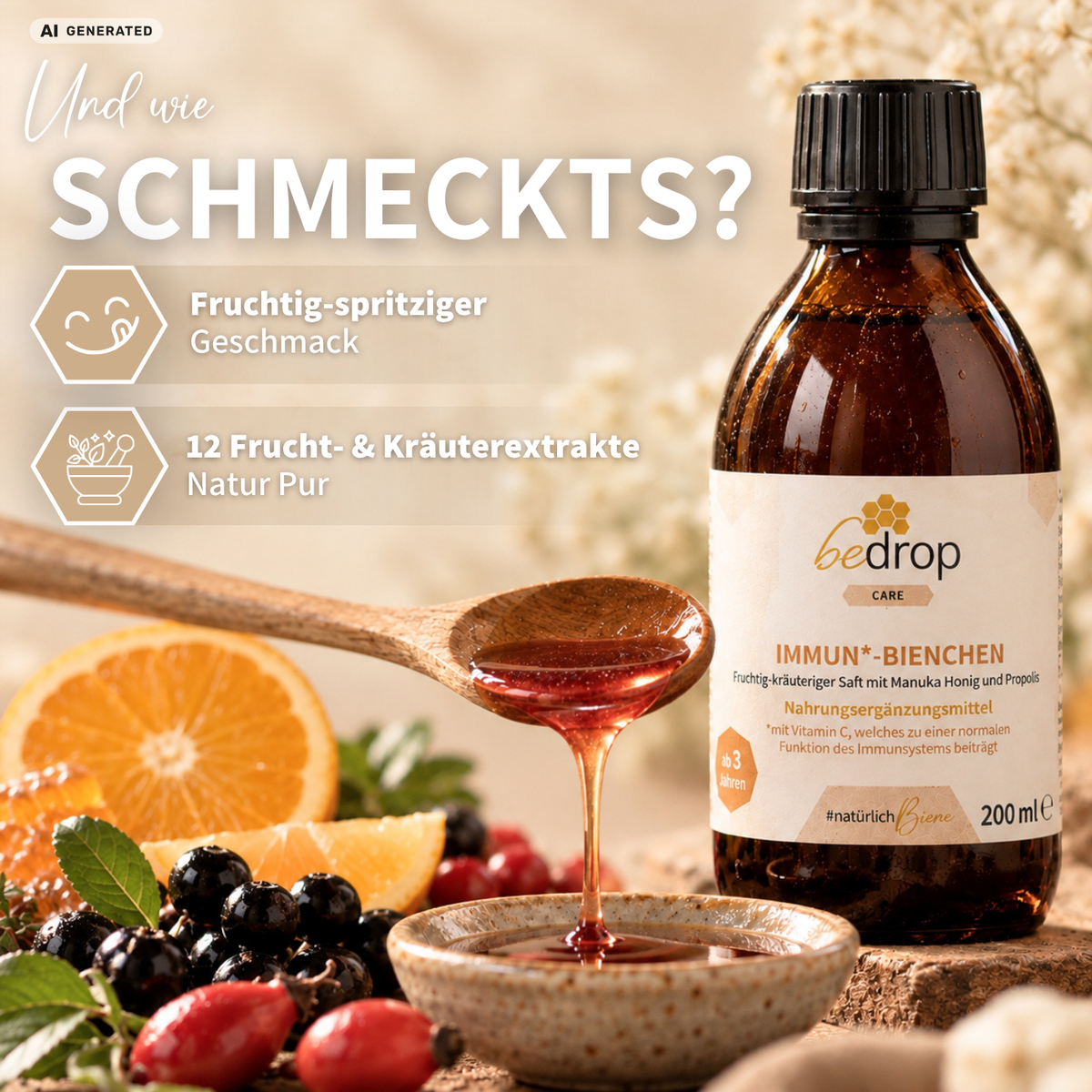 IMMUN*-BIENCHEN - Succo dal gusto fruttato ed erbaceo con miele di Manuka e vitamina C dall'acerola / 200 ml