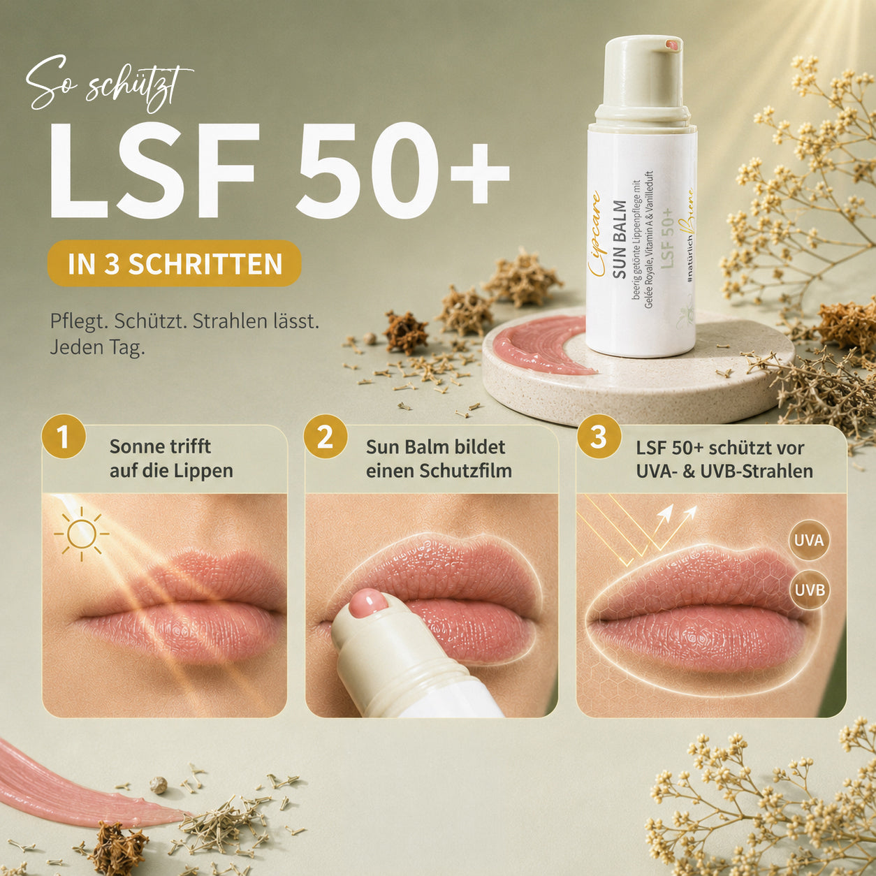 SUN BALM SPF 50+ - balsamo per labbra colorato con pappa reale e delicata fragranza di vaniglia