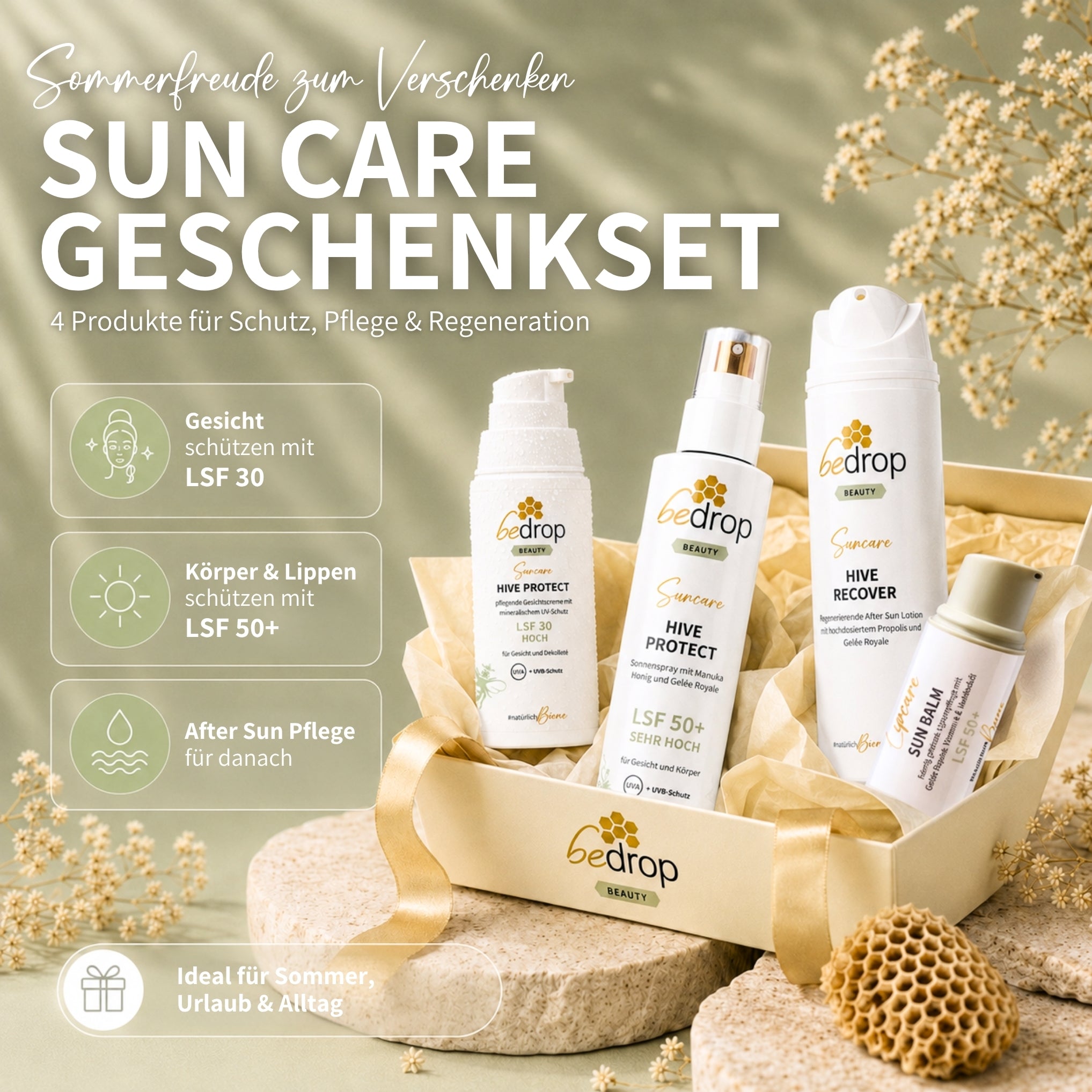 Set per la protezione solare: balsamo per le labbra Sun Balm, crema viso/crema solare Hive Protect + spray solare e doposole, SPF 30 e SPF 50+