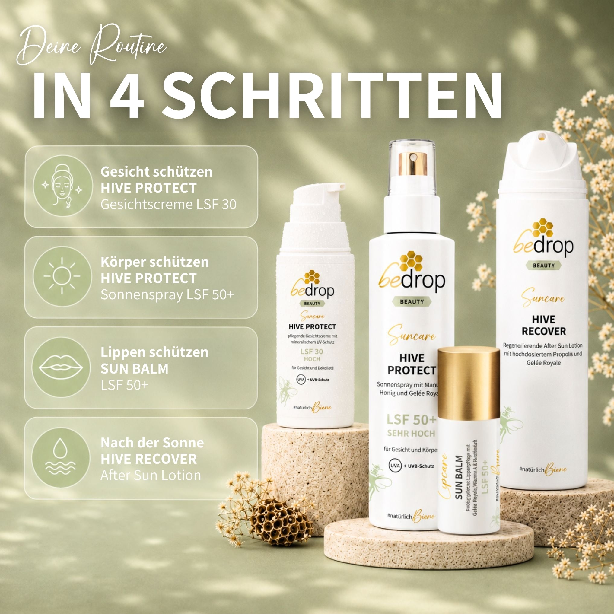Set per la protezione solare: balsamo per le labbra Sun Balm, crema viso/crema solare Hive Protect + spray solare e doposole, SPF 30 e SPF 50+