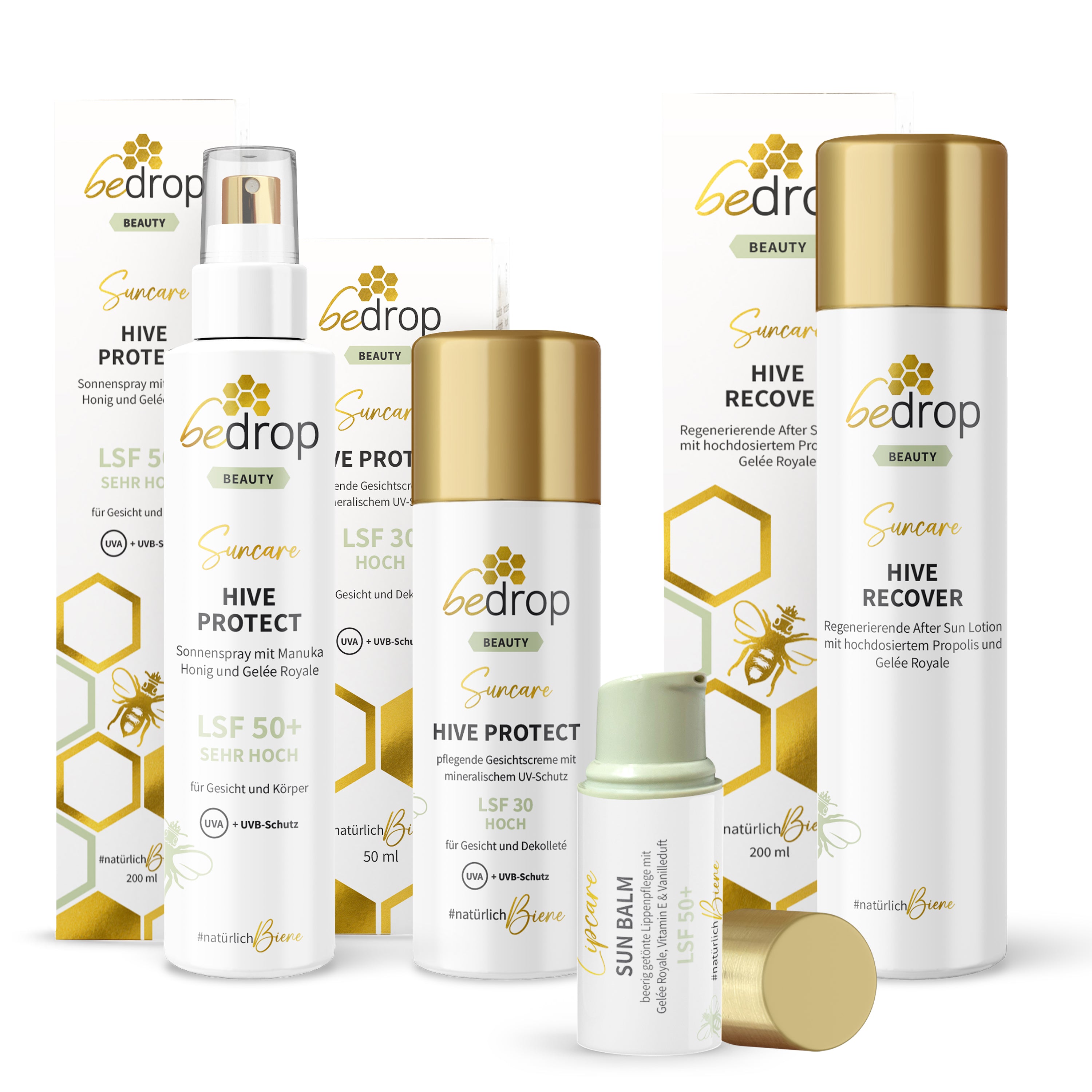 Set per la protezione solare: balsamo per le labbra Sun Balm, crema viso/crema solare Hive Protect + spray solare e doposole, SPF 30 e SPF 50+