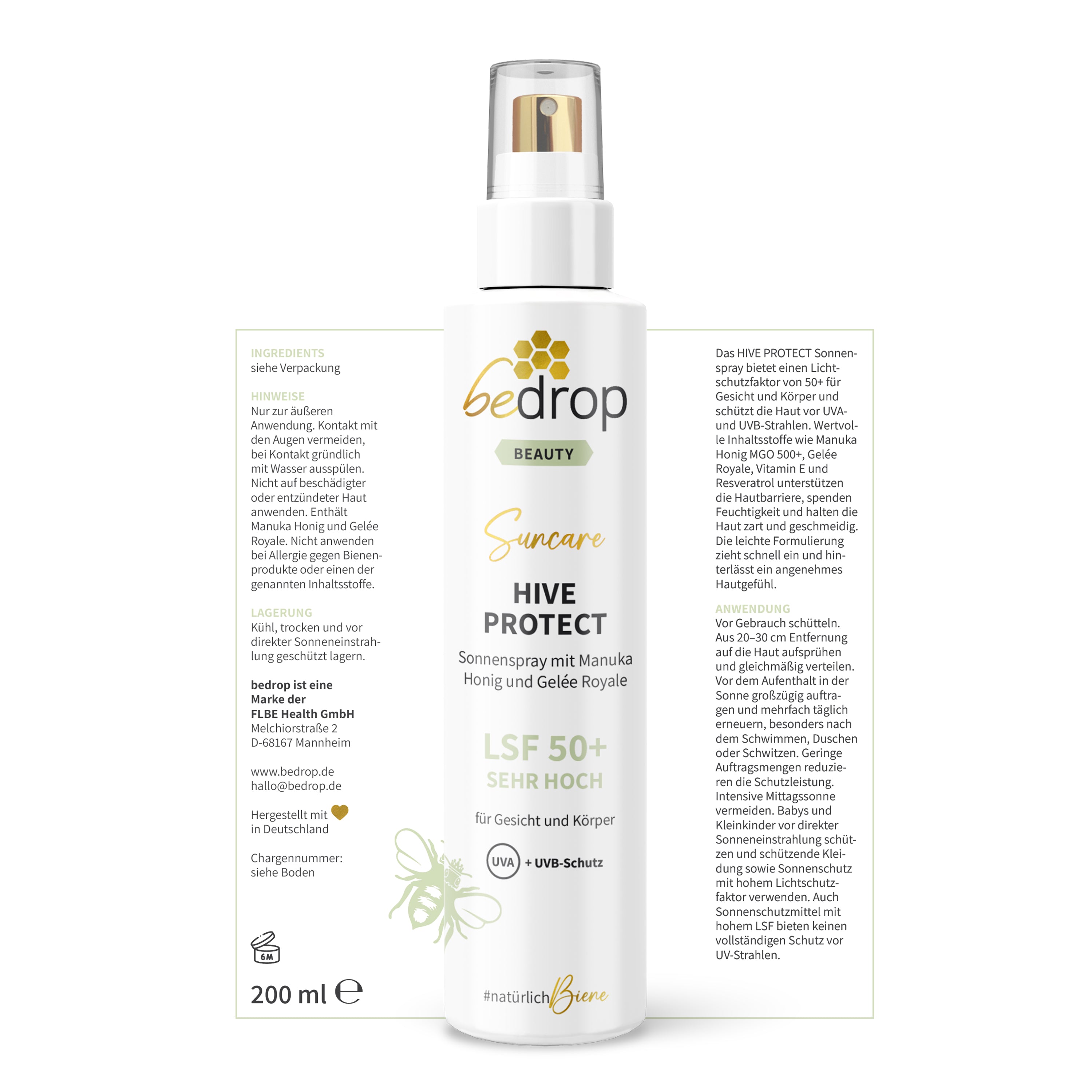 HIVE PROTECT SPF 50+ spray solare con miele di manuka e pappa reale, protezione solare per viso e corpo - 200 ml