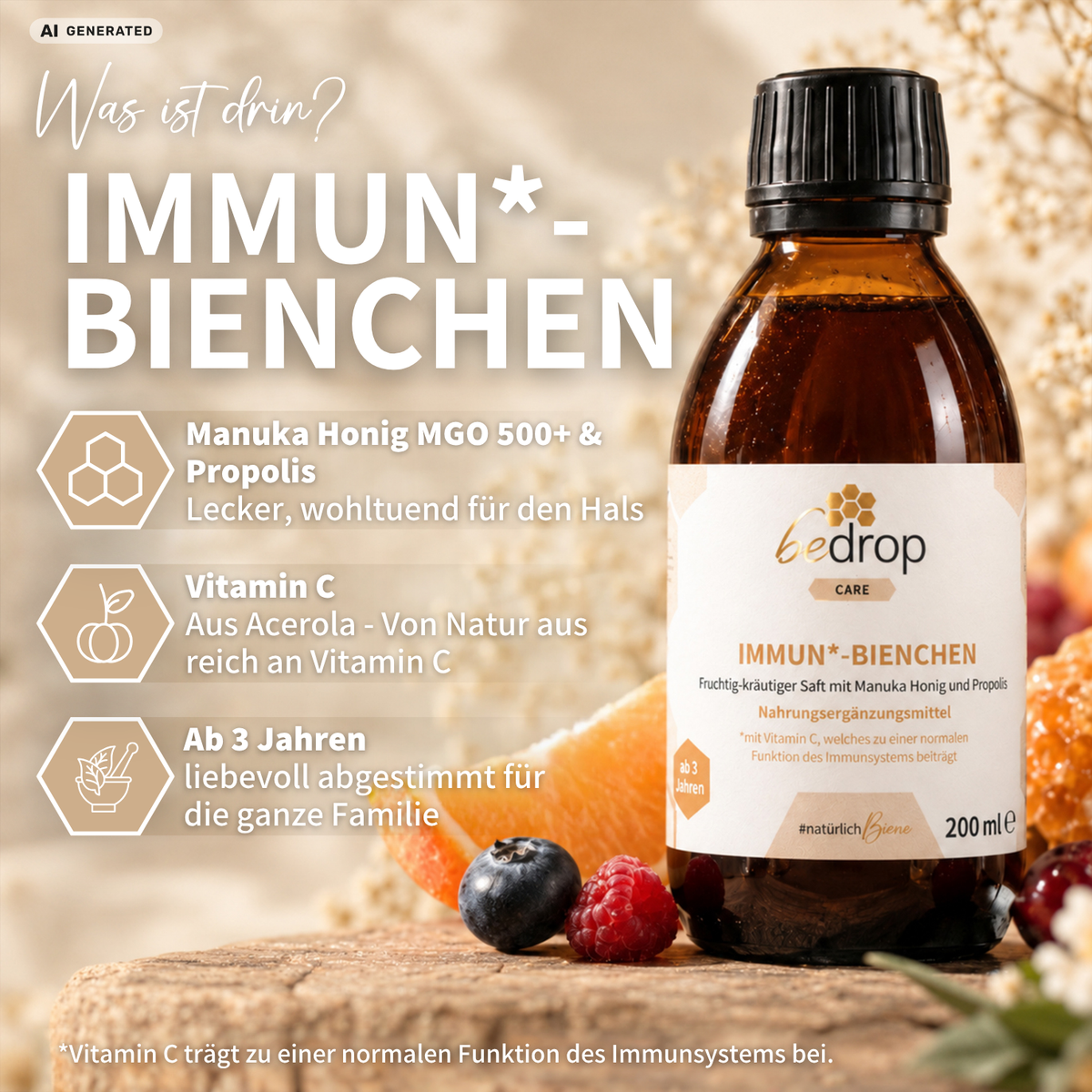 IMMUN*-BIENCHEN - Succo dal gusto fruttato ed erbaceo con miele di Manuka e vitamina C dall'acerola / 200 ml