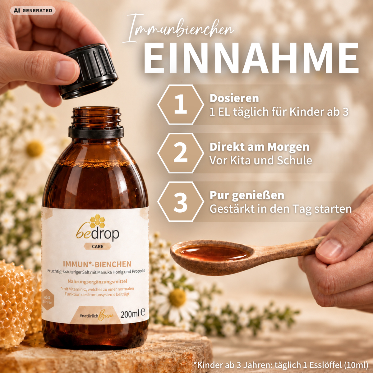 IMMUN*-BIENCHEN - Succo dal gusto fruttato ed erbaceo con miele di Manuka e vitamina C dall'acerola / 200 ml